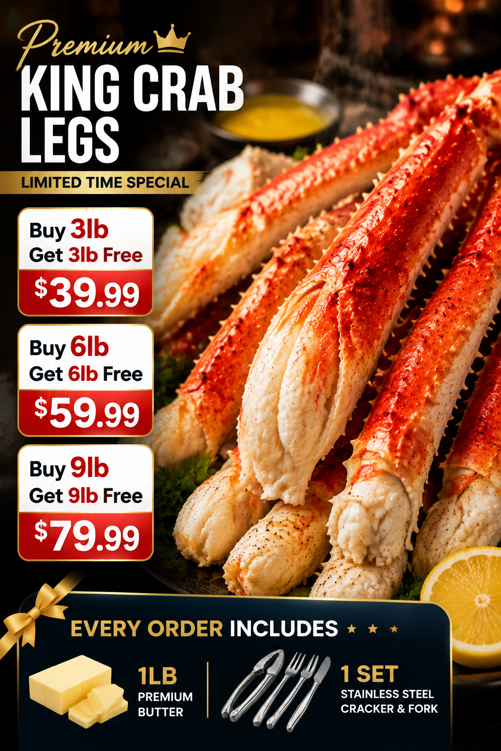 🔥 Wild-Caught King Crab Legs – Huge Meaty Legs, Premium Seafood Quality, Perfect For Family Feasts & Celebrations